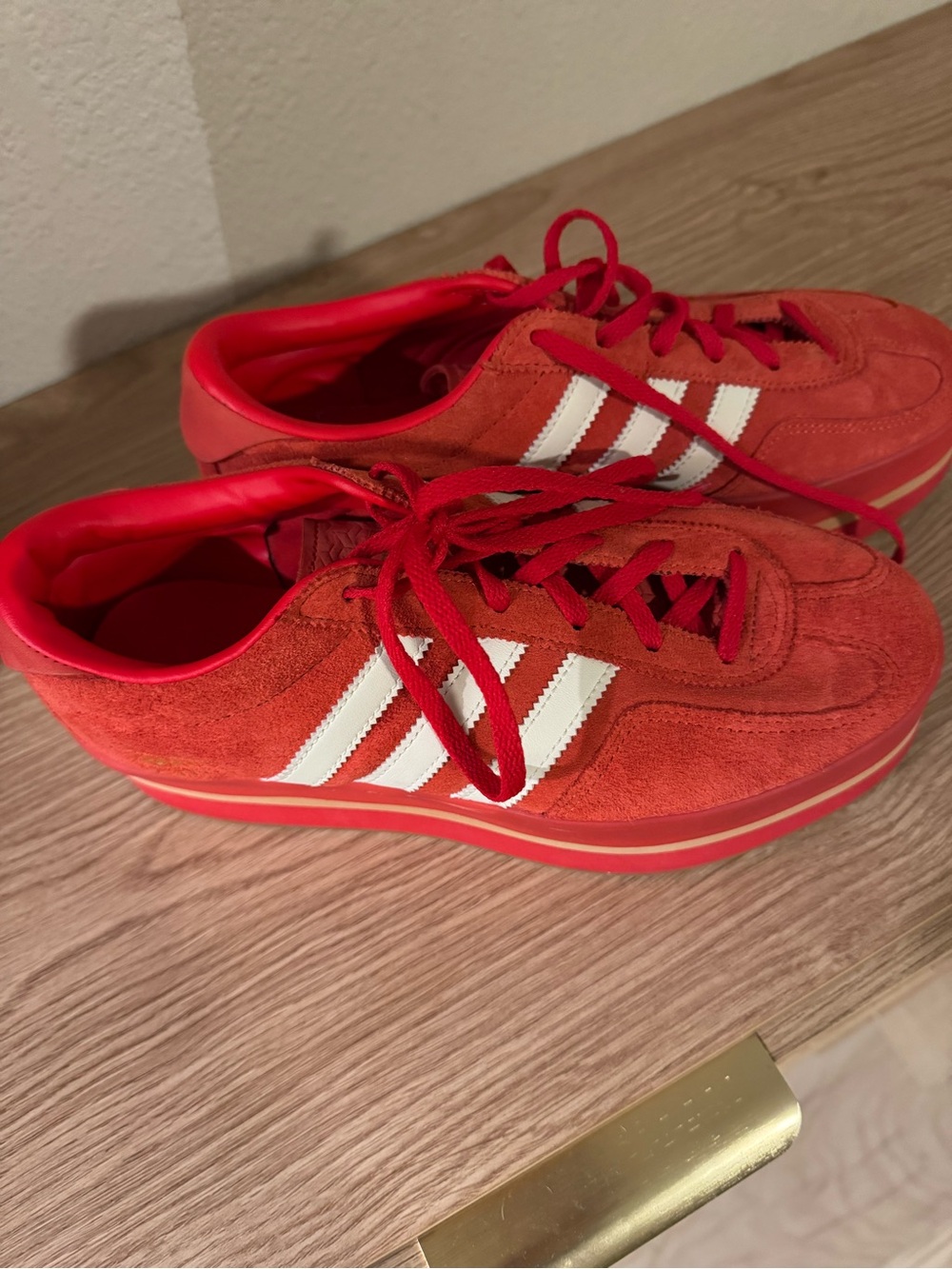Adidas Women’s Red Suede Platform Runner with White Stripes